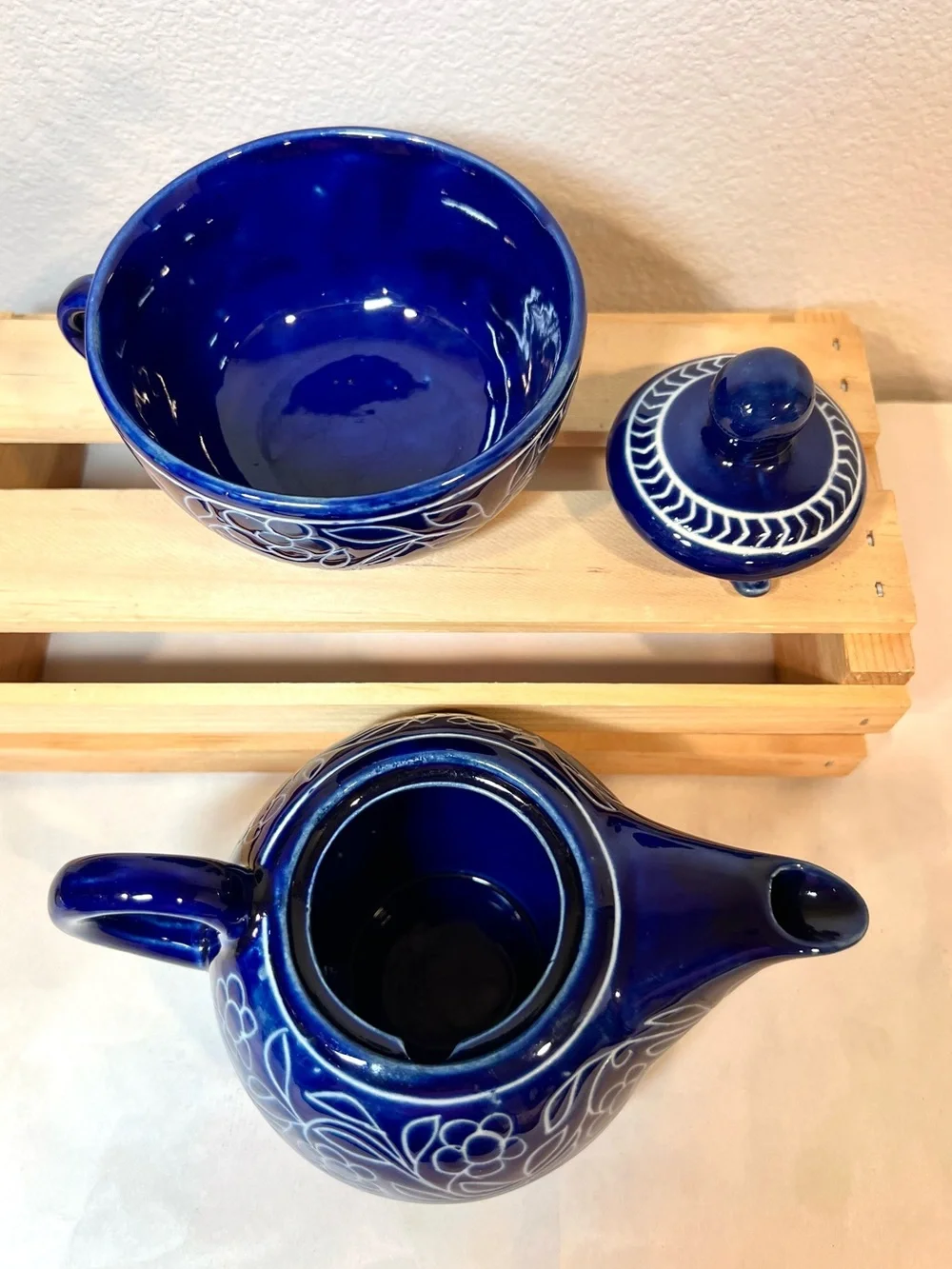 💥3/$50 Jaipur Blue Vintage Pottery Flowers Desert Sands Teapot w Stackable Cup